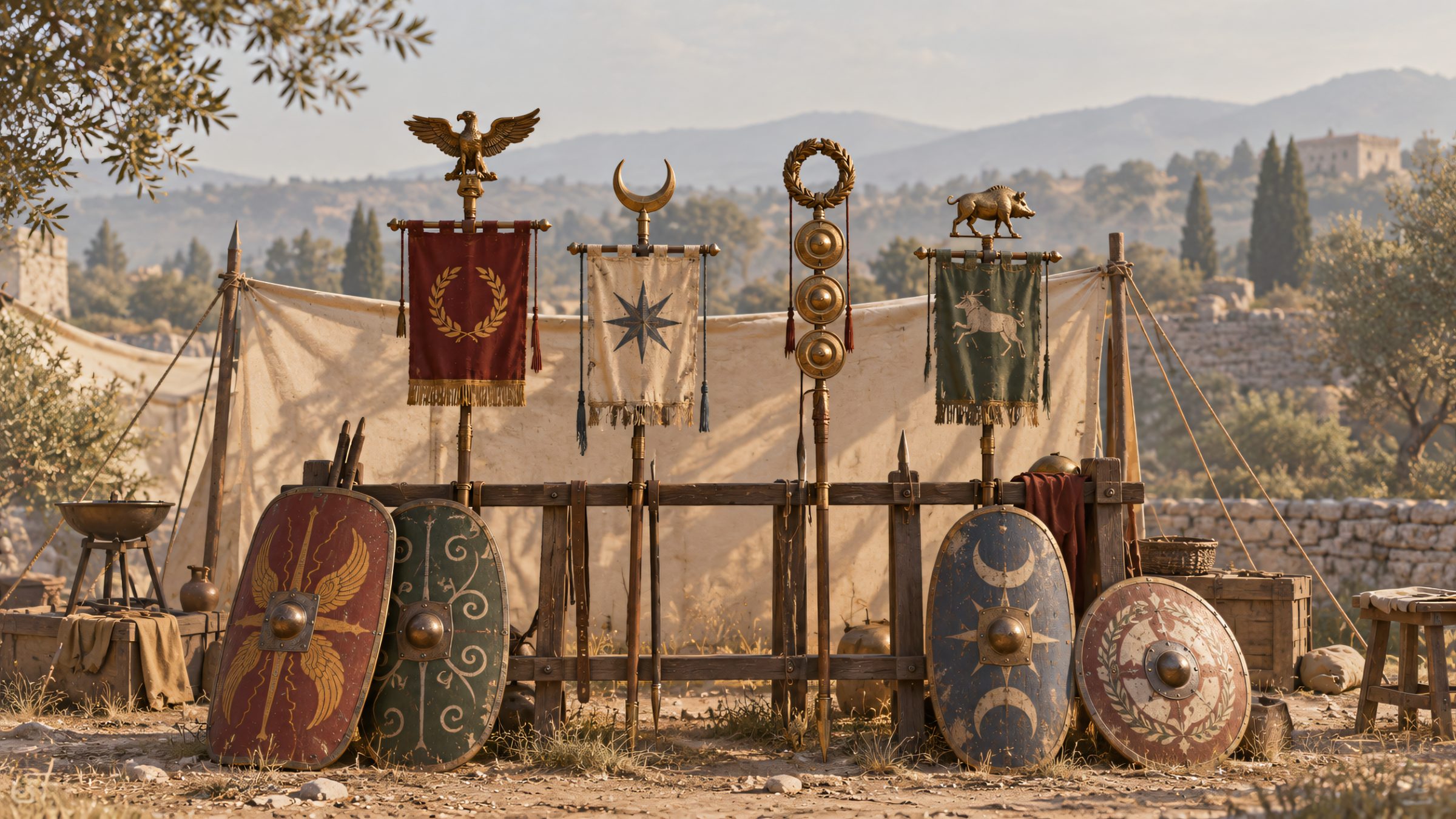 Ancient standards, banners and shields set up at a camp before a reenactment